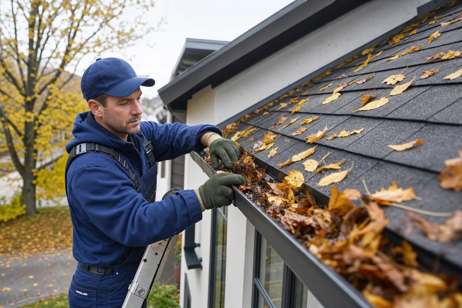 Dachrinnenreinigung an modernem Wohnhaus