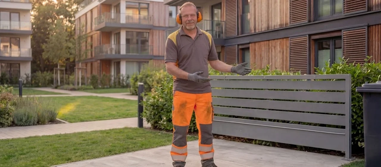 Mitarbeiter von Weiss Immobilien Service vor modernen Wohngebäuden