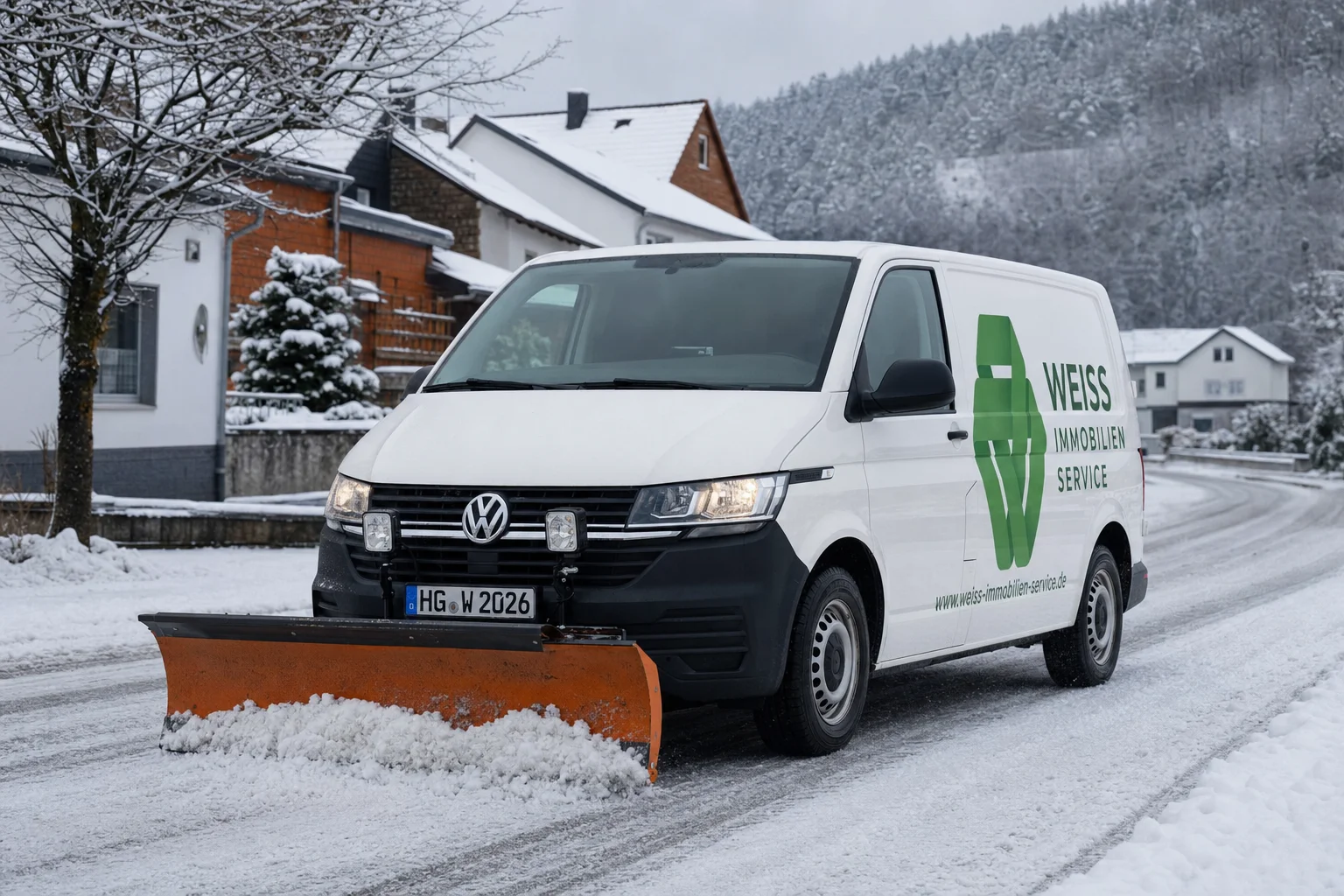 Firmenfahrzeug von Weiss Immobilien Service im Winterdienst-Einsatz